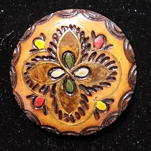 Vintage Carved Wooden Brooch with Floral Design